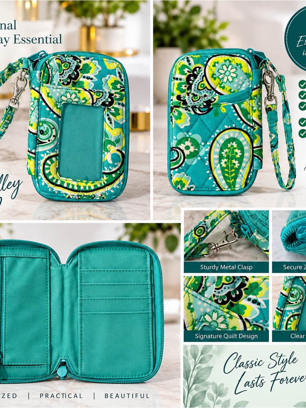 Teal Paisley Quilted Phone Wristlet Wallet - Teal